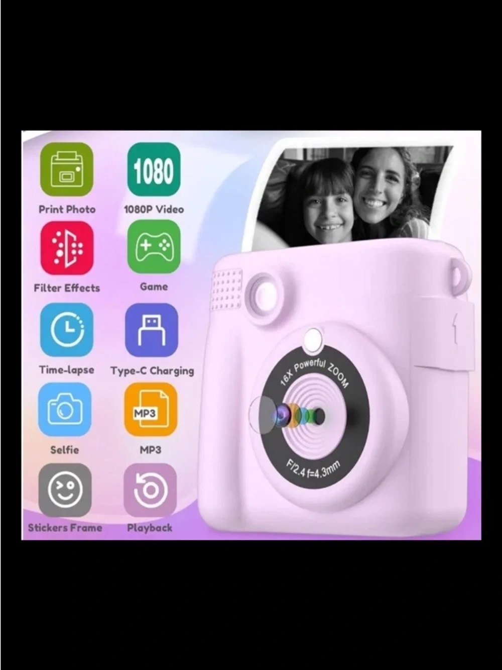 Purple Instant Print Camera for Kids